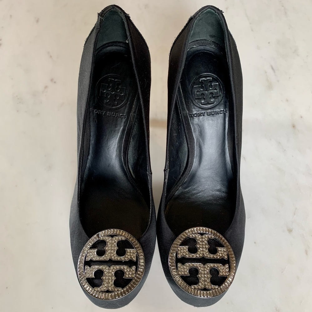 Tory Burch Crystal Logo Satin Pumps
